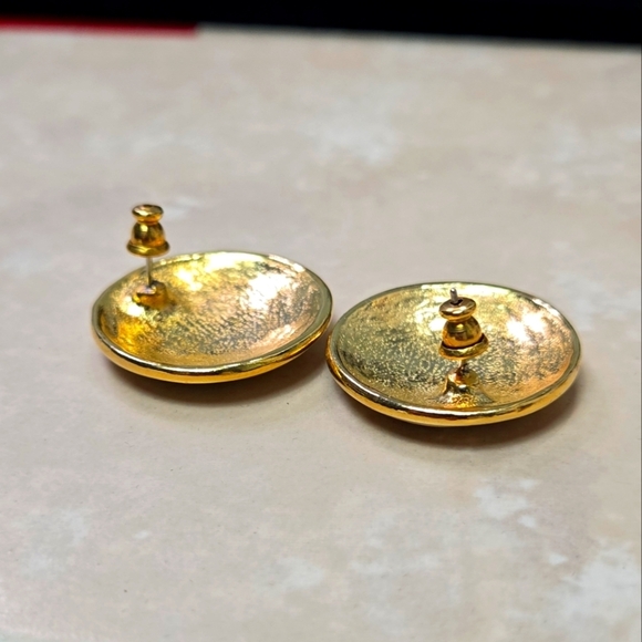 Vintage Cream Gold Stars Round Enamel Earrings - Picture 12 of 16